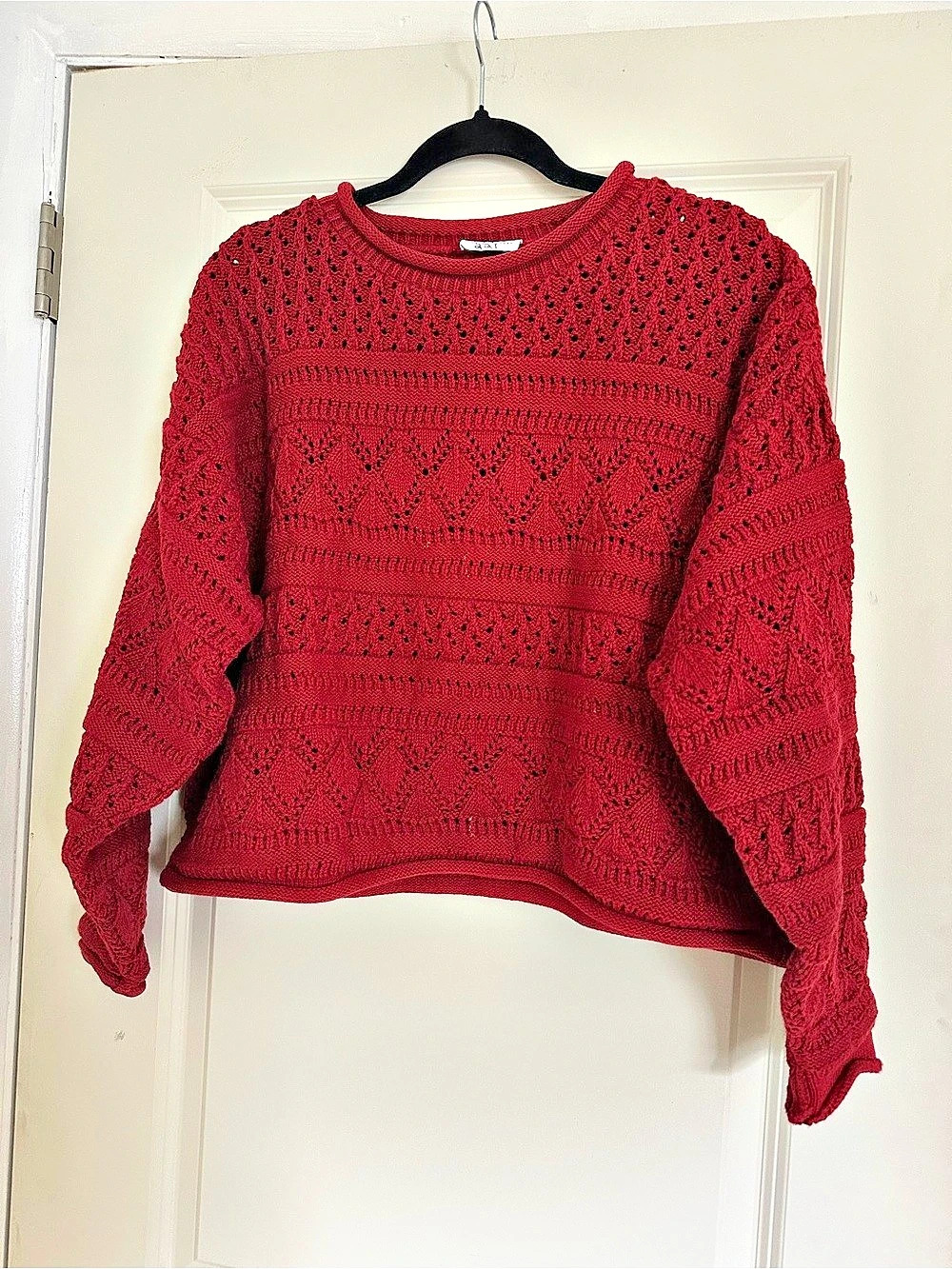 Sarah Arizona Open Knit Crewneck Sweater in Red